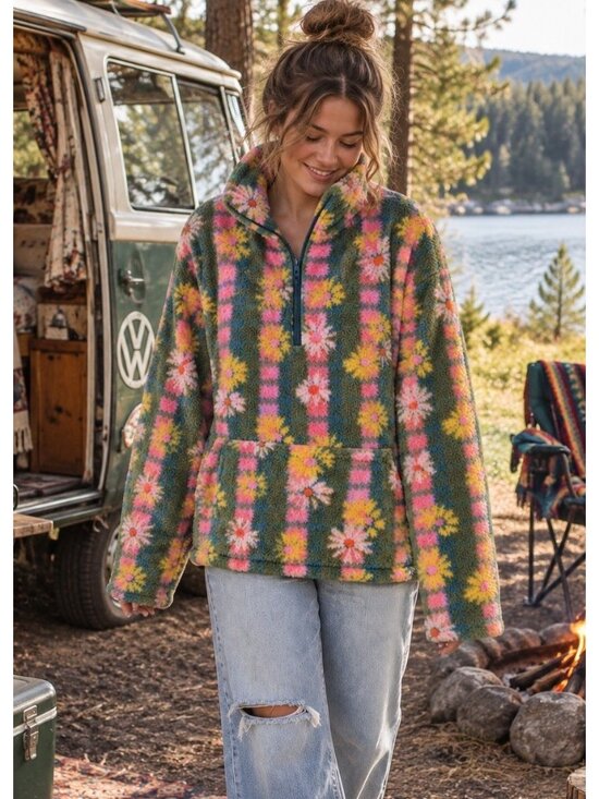NATURAL LIFE Tops - Natural Life Womens Coziest Sweatshirt Sz Large XL Green Floral Fleece 1/4 Zip
